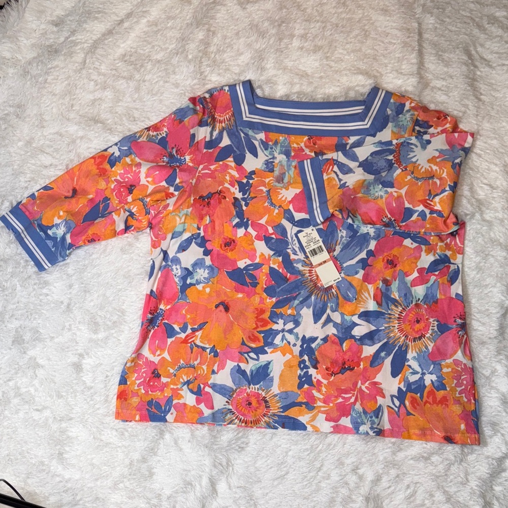 Women’s Ruby Rd. 3/4 Sleeve Floral Top - Pink, Orange, Blue, NWT